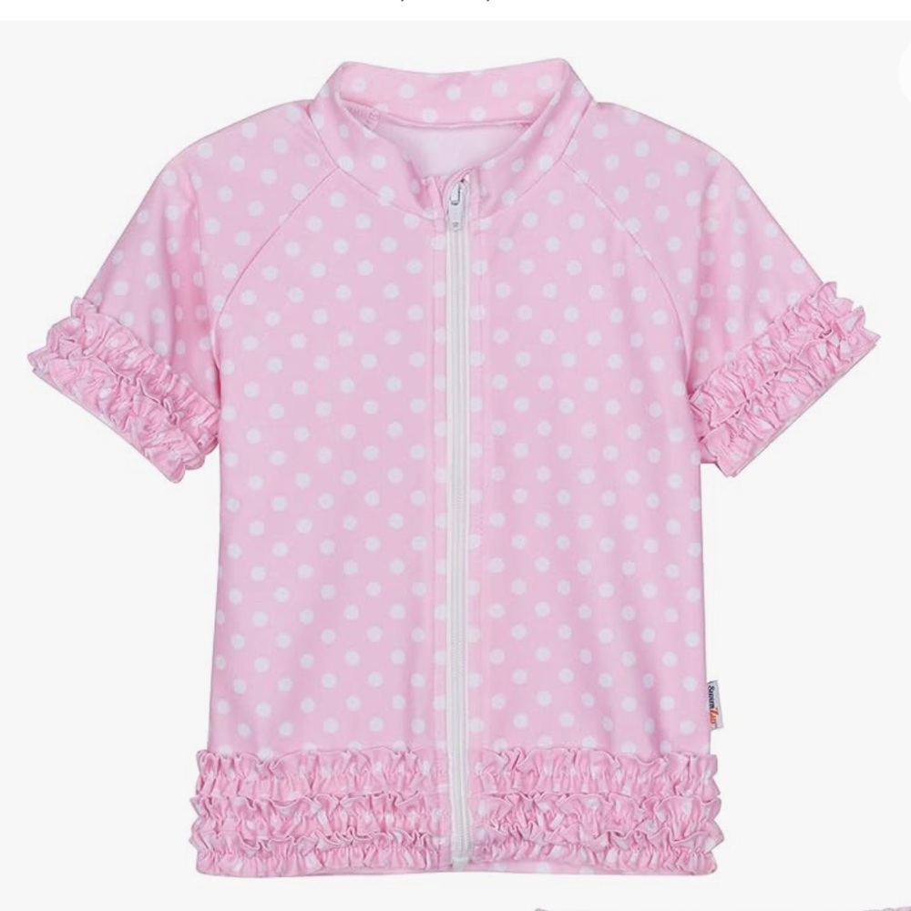 SwimZip Sassy Surfer UV Sun Protective Rash Guard Ruffle Pink Polka Dot